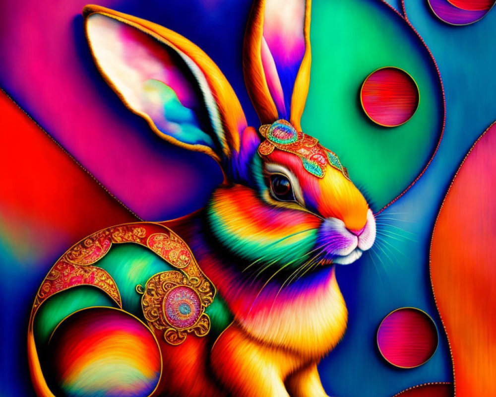 Colorful Digital Artwork: Rabbit with Ornamental Patterns on Psychedelic Background