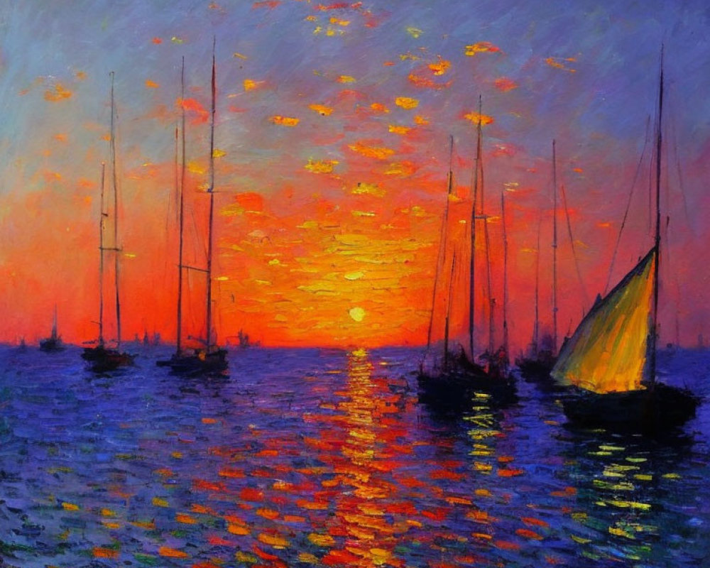 Colorful Sailboats Painting: Sunset Reflections on Water