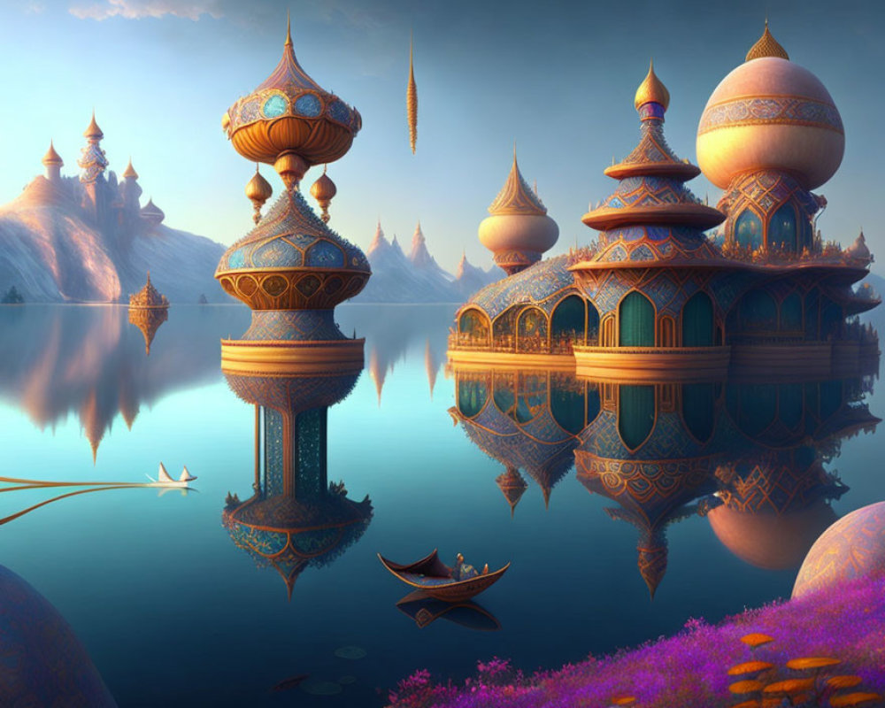 Ornate Floating Buildings in Twilight Landscape