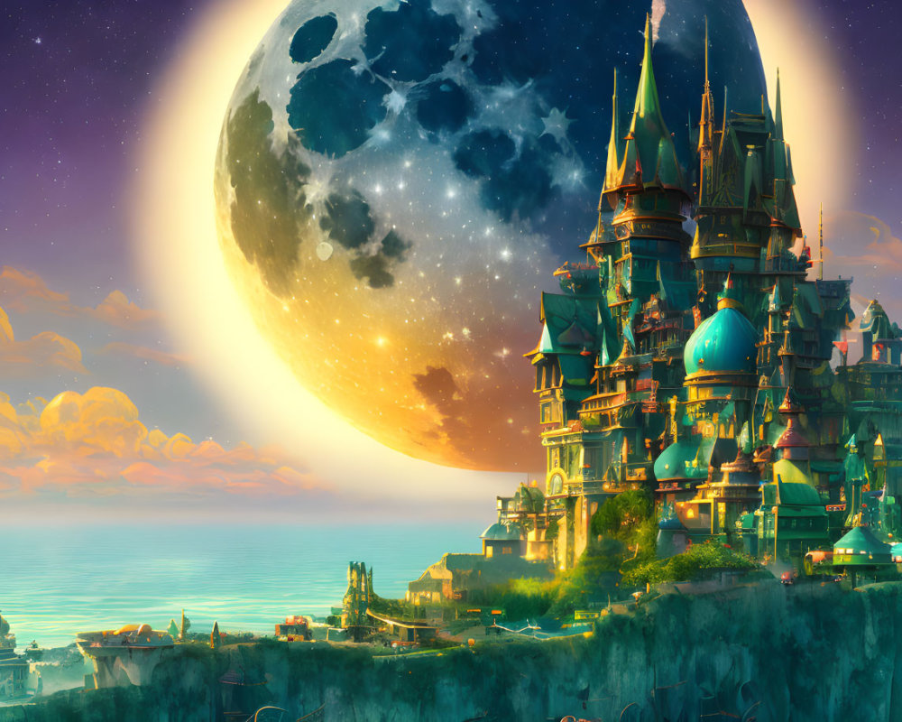 Fantastical castle with spires under starlit sky and oversized moon on cliff by sea