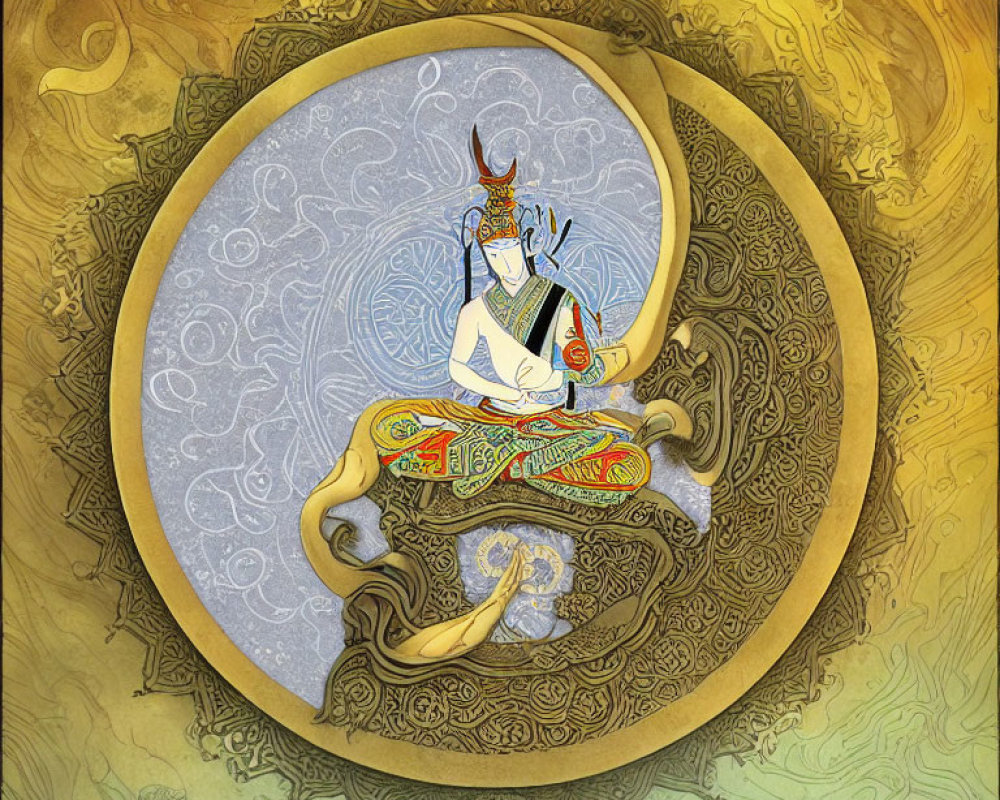 Blue-skinned figure in meditative pose with golden swirls