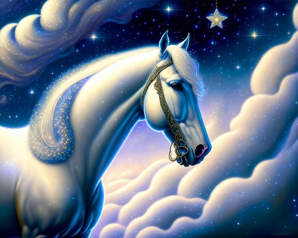 Majestic white horse with golden bridle in surreal setting