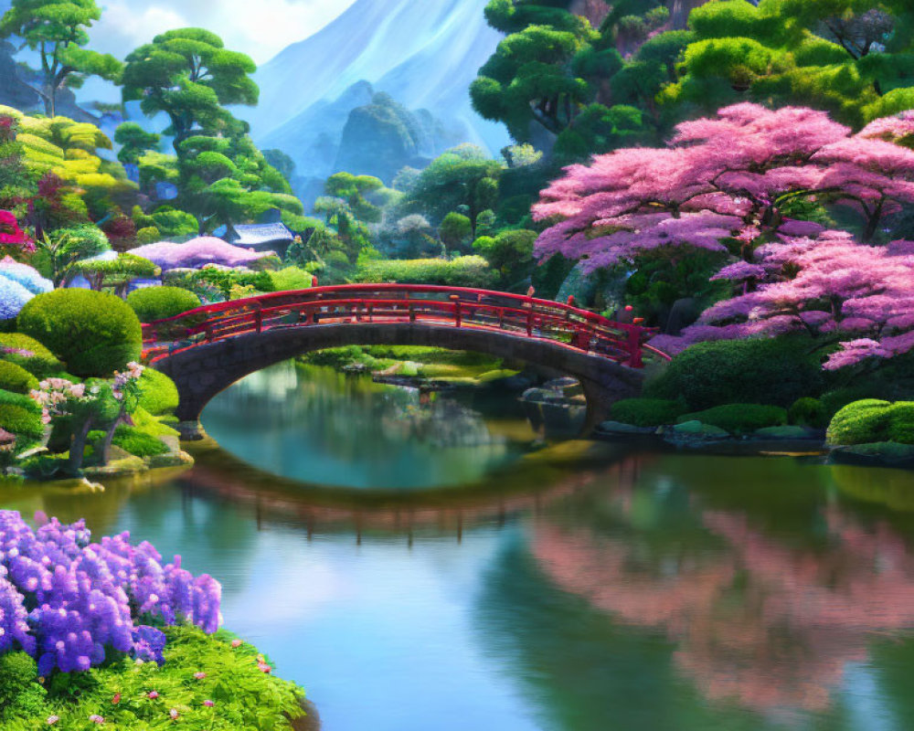 Tranquil garden with red bridge, cherry blossoms, and mountain backdrop