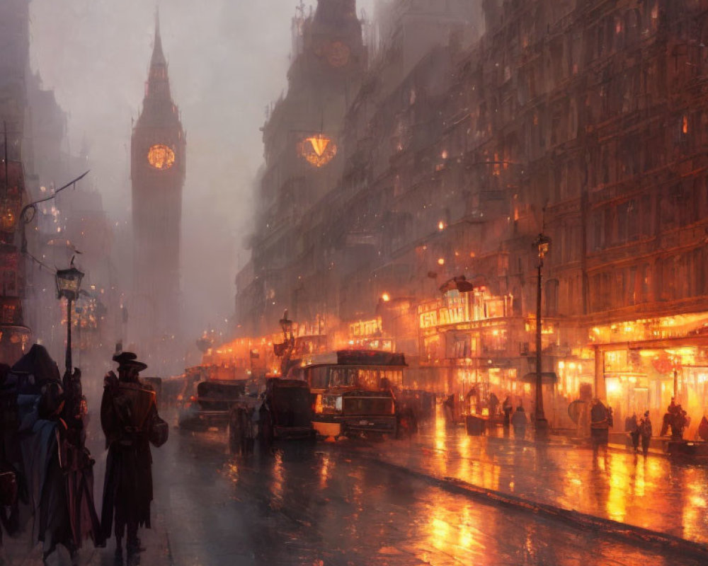 Victorian-era London street scene with Big Ben at dusk