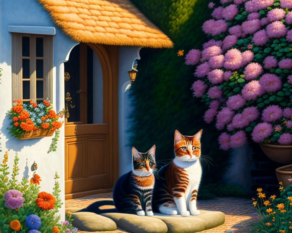 Two Cats Relaxing by Cottage Door Amid Lush Greenery and Flowers