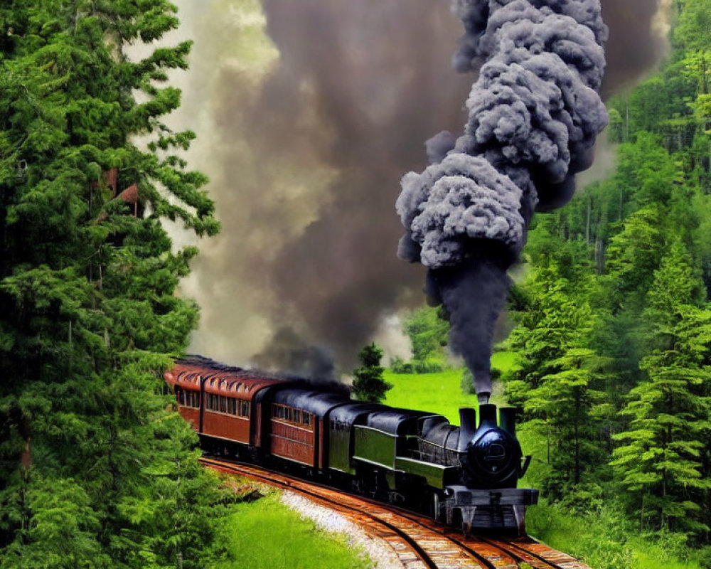 Vintage steam locomotive in lush green forest emitting dark smoke