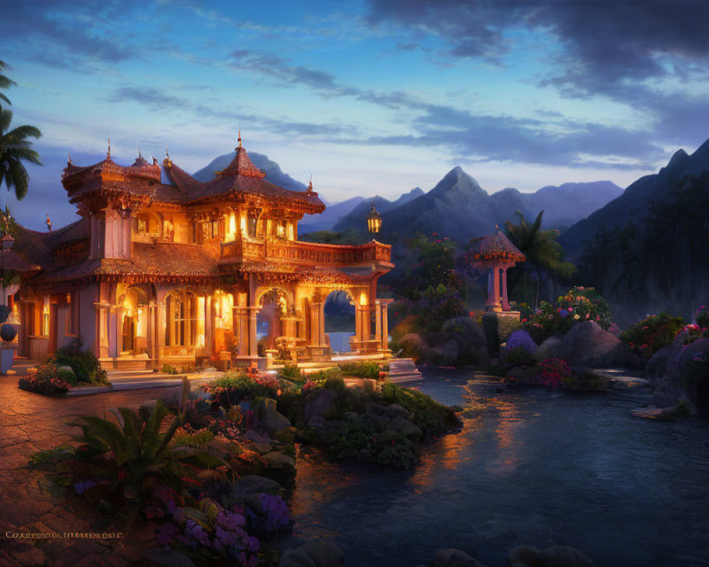Traditional palace illuminated by warm lights near serene river and lush mountains