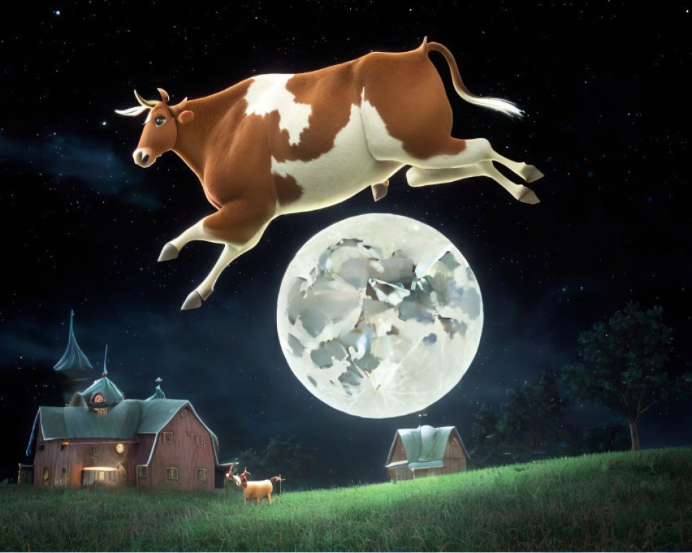 Cow jumping over full moon in whimsical farm scene