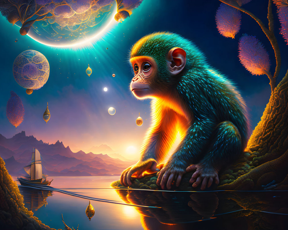 Colorful Monkey Illustration by Water Under Celestial Sky