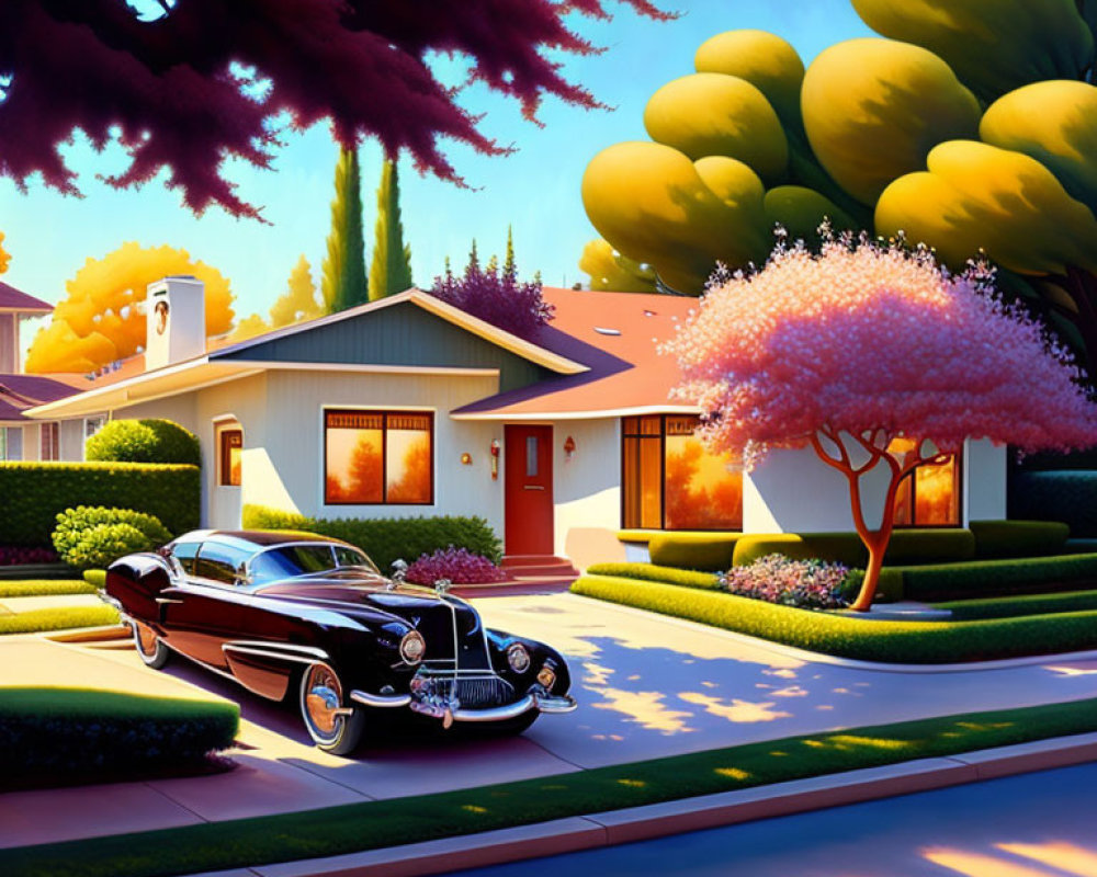 Illustration of vintage car in front of suburban house with colorful trees and clear sky