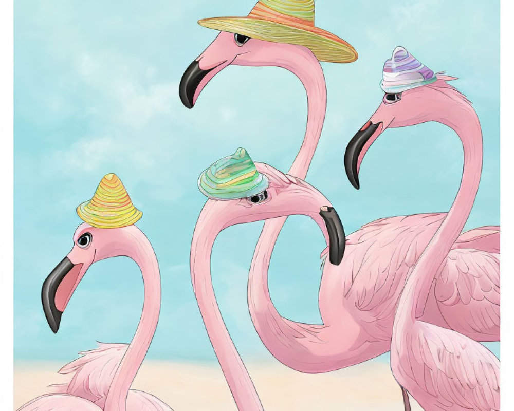 Three Cartoon Flamingos with Stylish Hats on Blue and Sandy Background