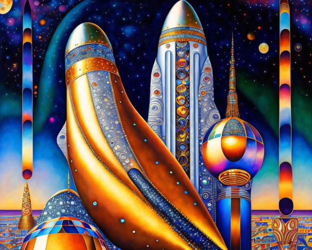 Colorful Stylized Rocket Launch Artwork with Celestial Backdrop