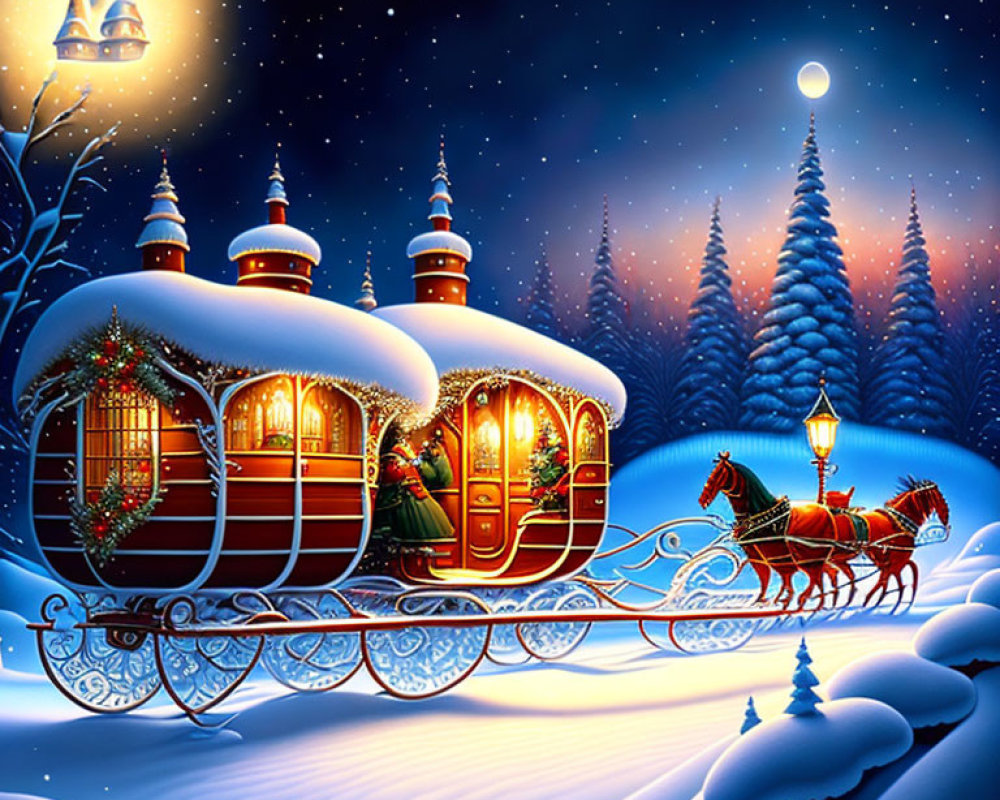 Ornate Christmas-decorated horse-drawn sleigh in snowy night landscape