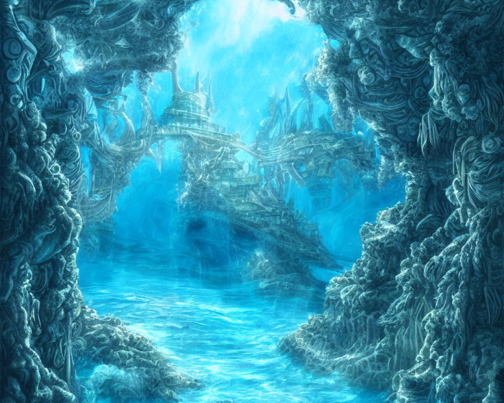 Mystical underwater city with rocky arches and coral buildings