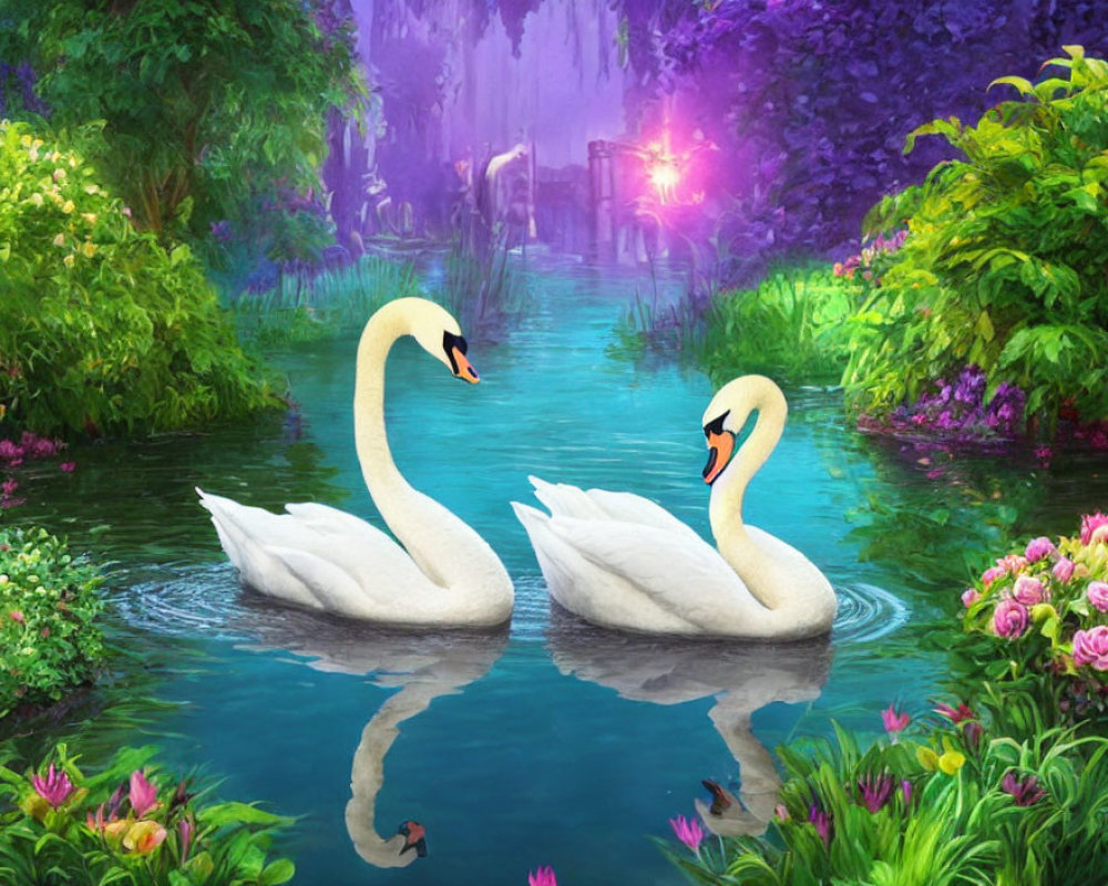 Swans on serene lake with lush flora and purple backdrop