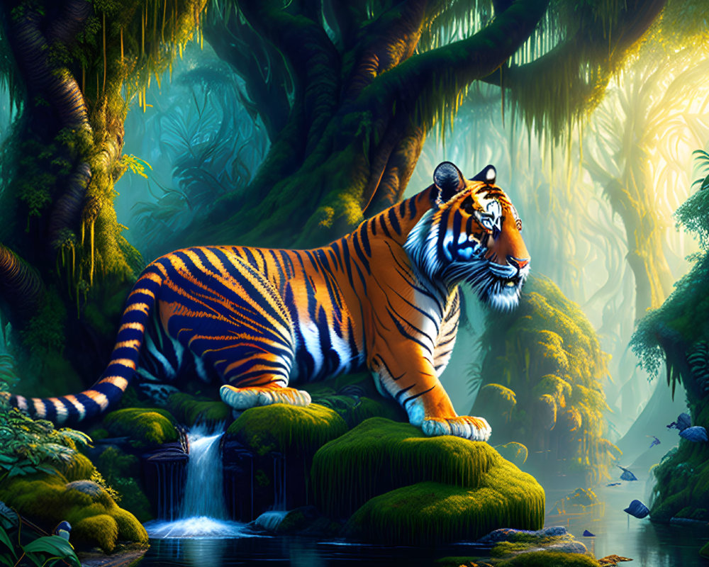 Majestic tiger in vibrant jungle with waterfall