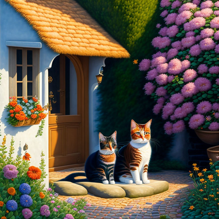 Two Cats Relaxing by Cottage Door Amid Lush Greenery and Flowers