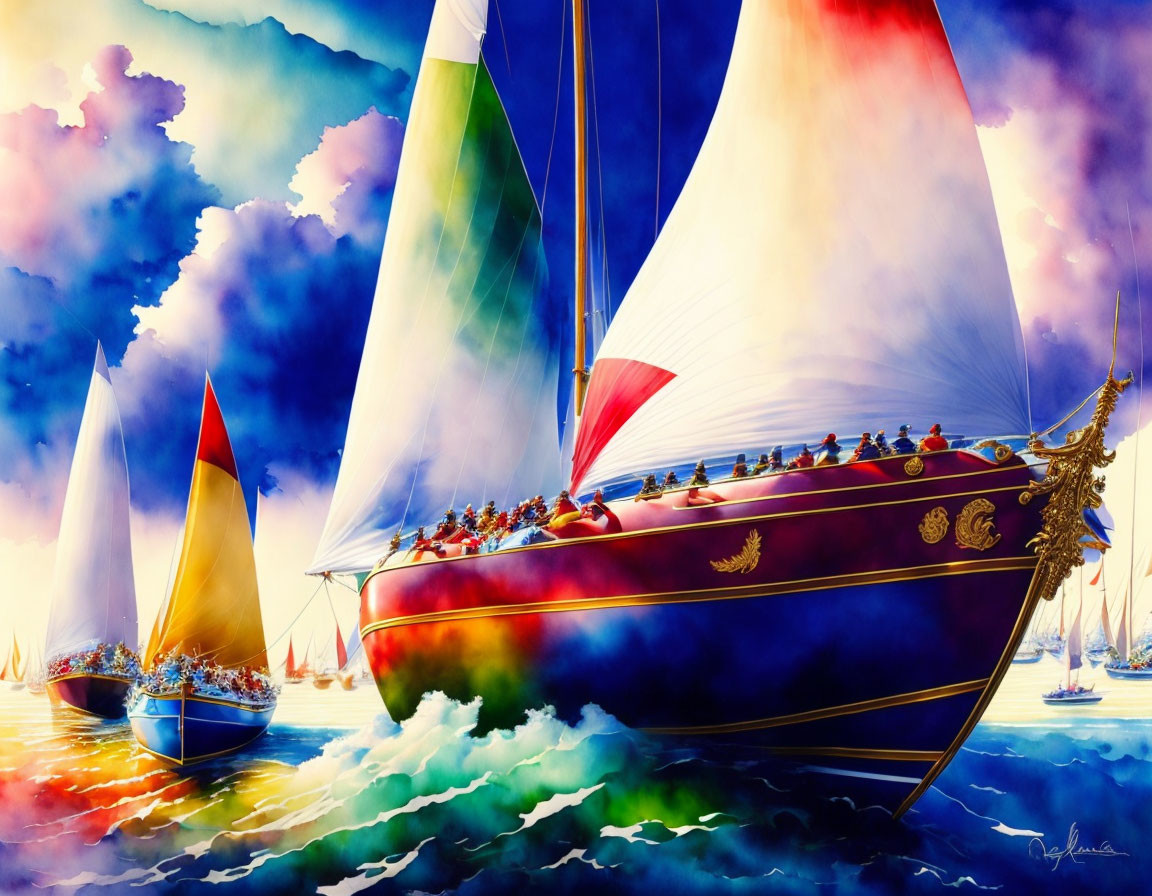 Colorful Sailboat Racing Artwork Against Blue Skies