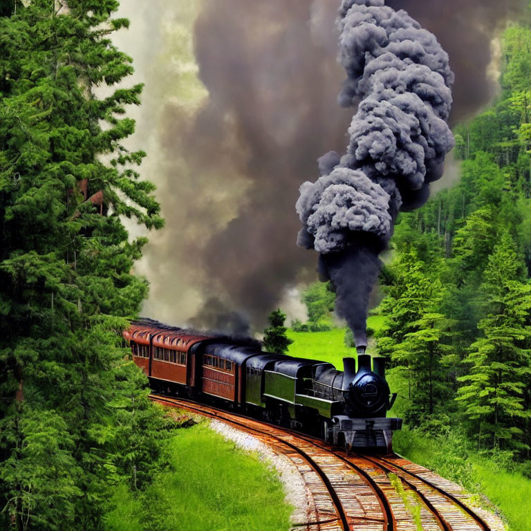 Vintage steam locomotive in lush green forest emitting dark smoke