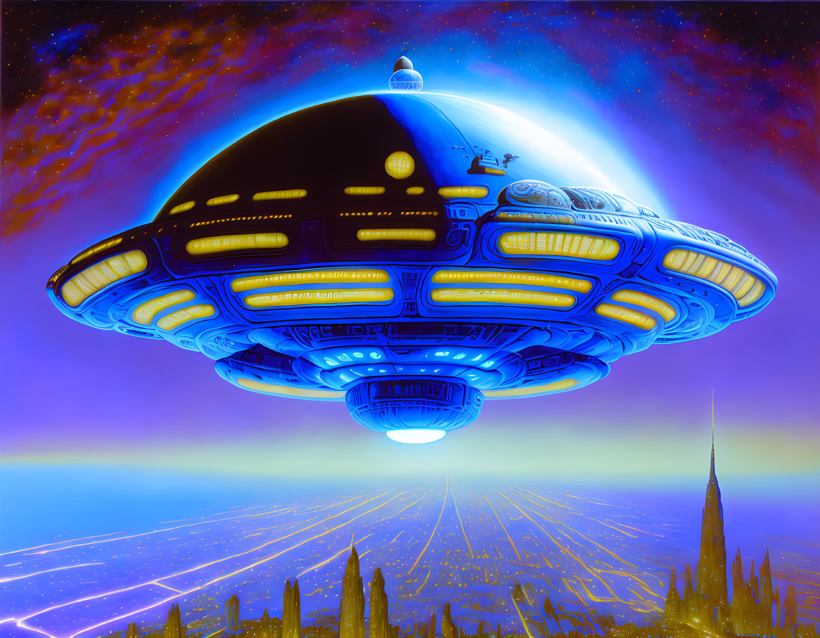 Flying saucer hovering over a city