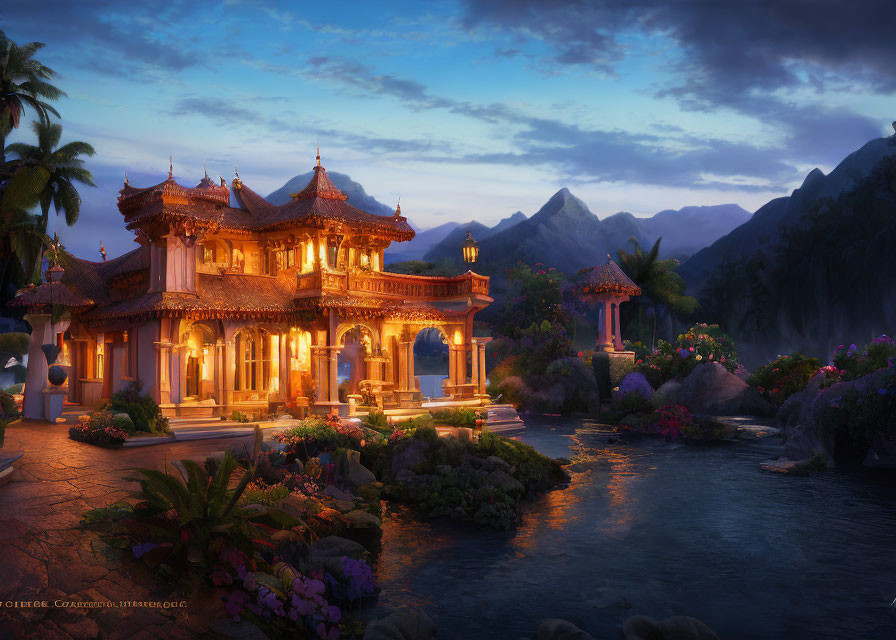 Traditional palace illuminated by warm lights near serene river and lush mountains