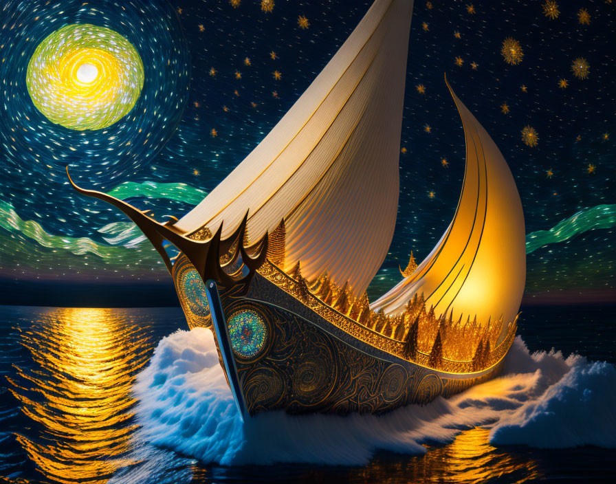 Golden ship with ornate designs sailing on a starry night sea