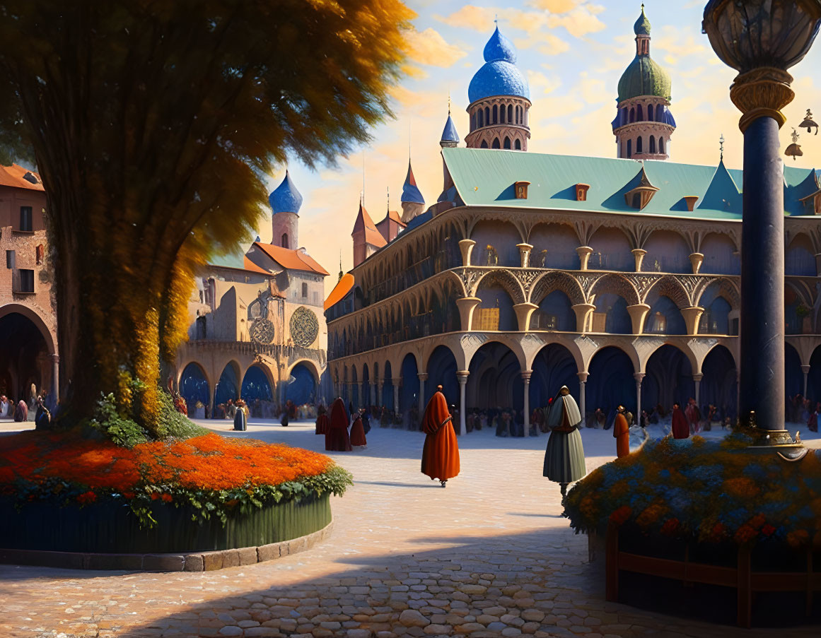Medieval plaza with people in period attire, ornate buildings, domes, archways, cob