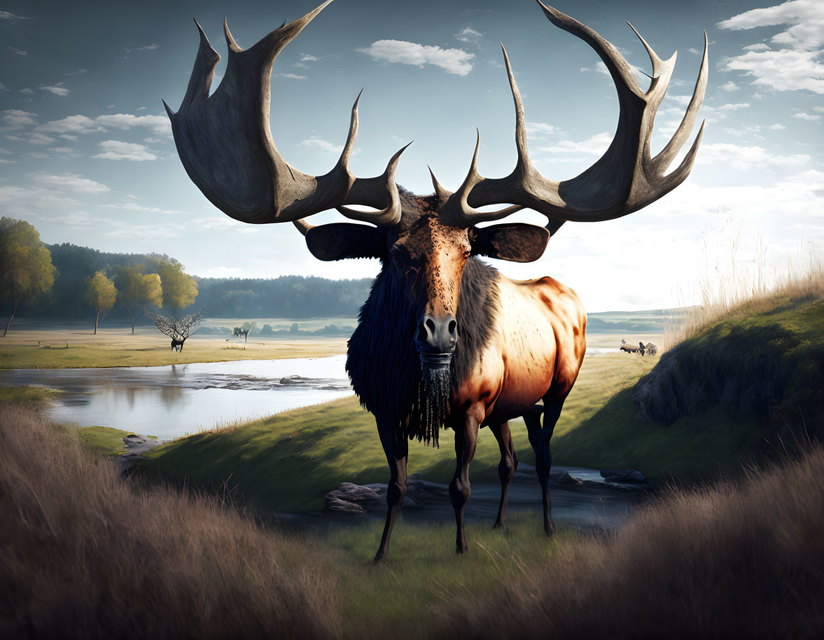 Majestic stag with enormous antlers in serene landscape