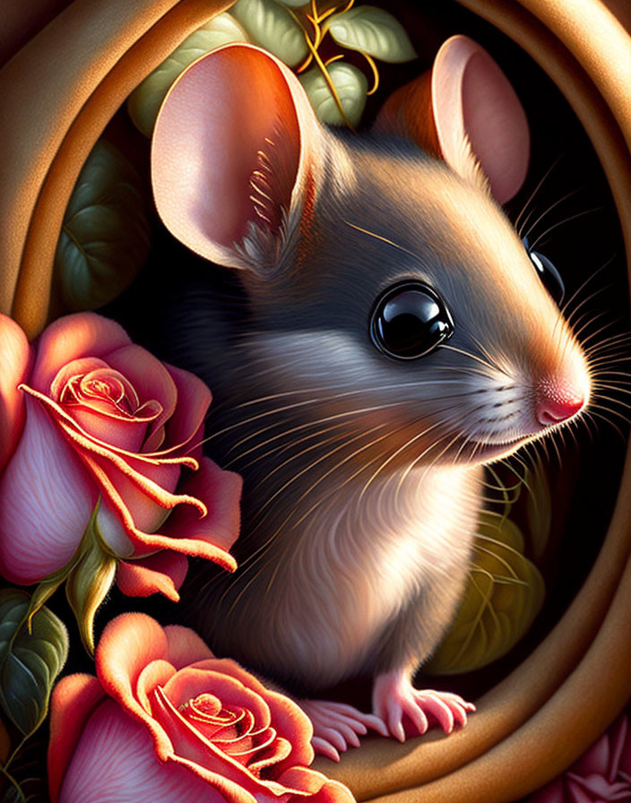Realistic digital illustration of cute mouse with vibrant roses and leaves in botanical frame
