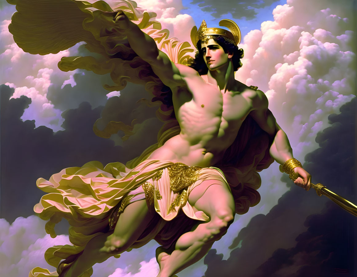 The Greek god Hermes racing through the clouds