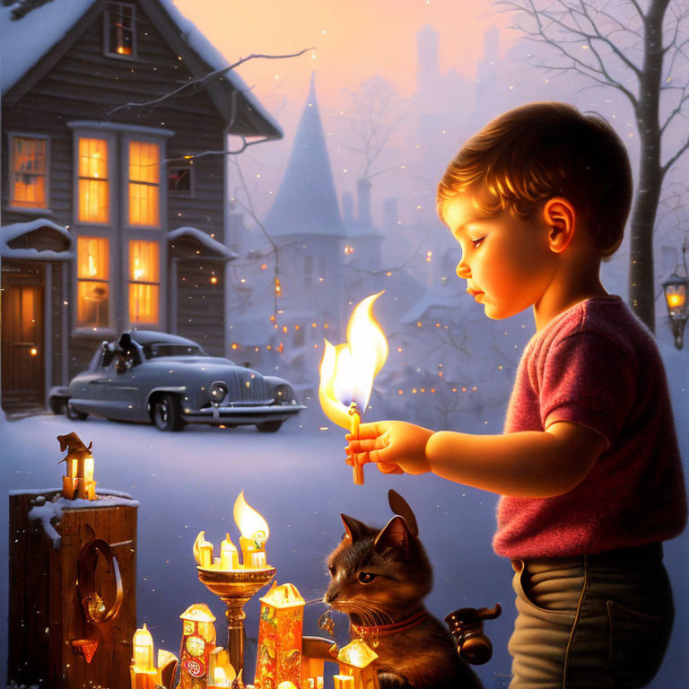 Child with lit match, cat, candles, vintage car, and house in snowy evening.