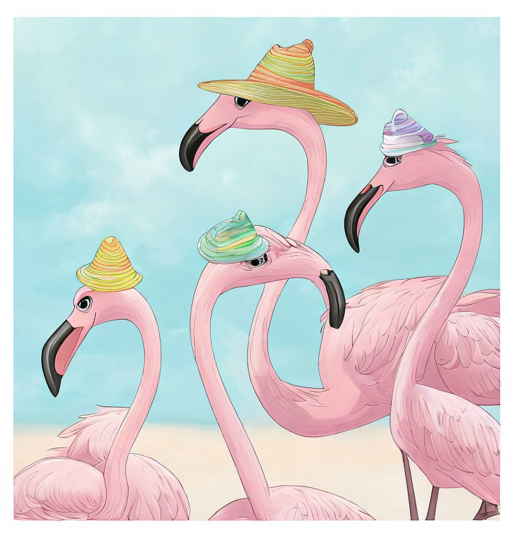 Three Cartoon Flamingos with Stylish Hats on Blue and Sandy Background