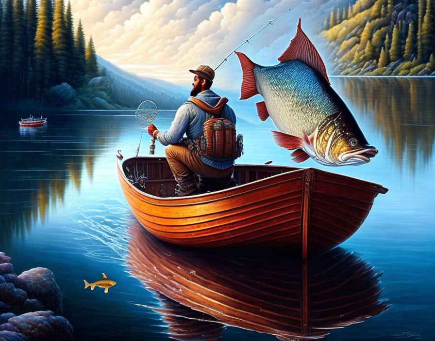 Man fishing in wooden boat on serene lake with leaping fish and forest scenery