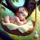 Sleeping baby in hammock painting with serene nature surroundings