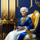 Elderly Woman in Blue Gown on Golden Throne in Ornate Room