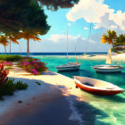 Tropical beach scene with turquoise waters and boats