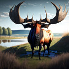 Majestic stag with enormous antlers in serene landscape