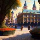 Medieval plaza with people in period attire, ornate buildings, domes, archways, cob