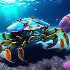 Colorful Crab Resting Among Coral in Sunlit Sea
