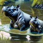 Stylized illustration of resting hippos in lush water scene