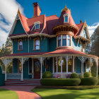 Victorian-style house with turquoise and pink colors, wrap-around porch, and topiary.