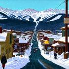 Snow-covered town with mountain backdrop and colorful buildings on main street