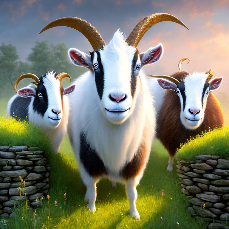 Stylized animated goats with prominent horns in sunrise field.