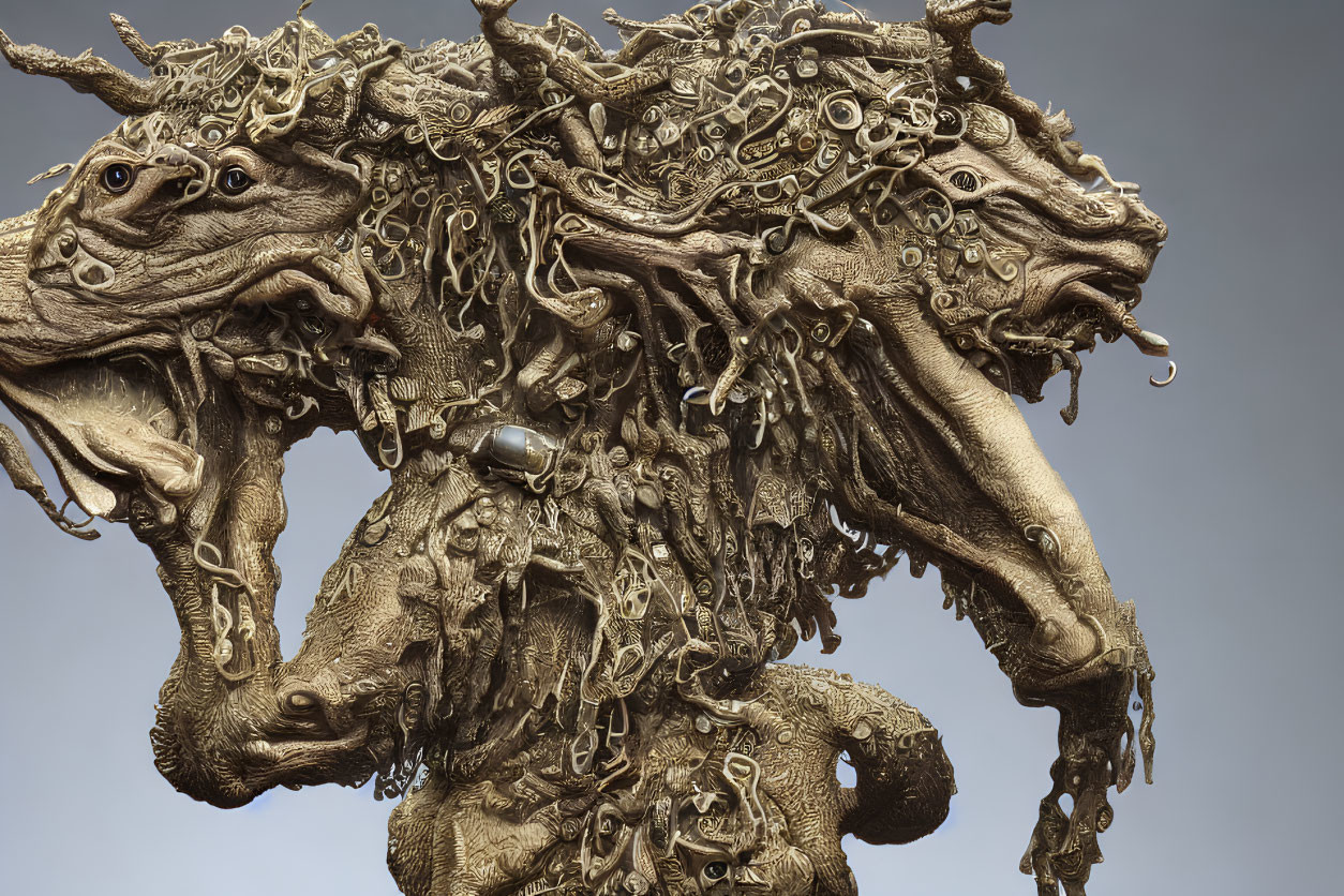 Surreal horse sculpture with twisted roots and metallic embellishments