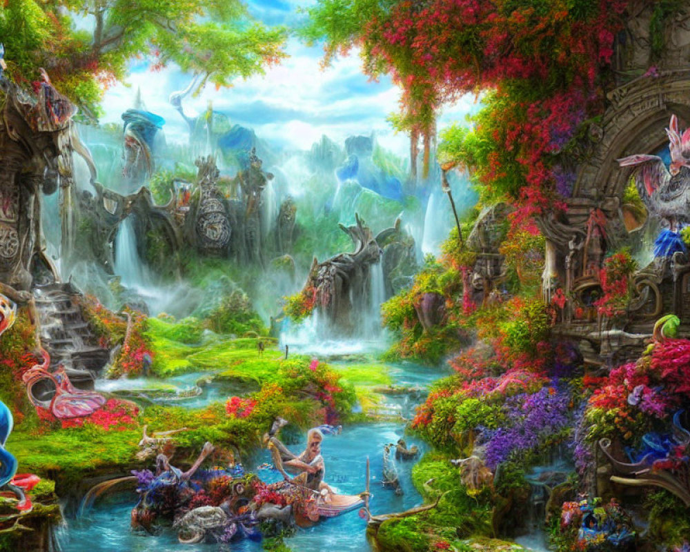 Fantasy landscape with waterfalls, mythical creatures, and harp player surrounded by small beings