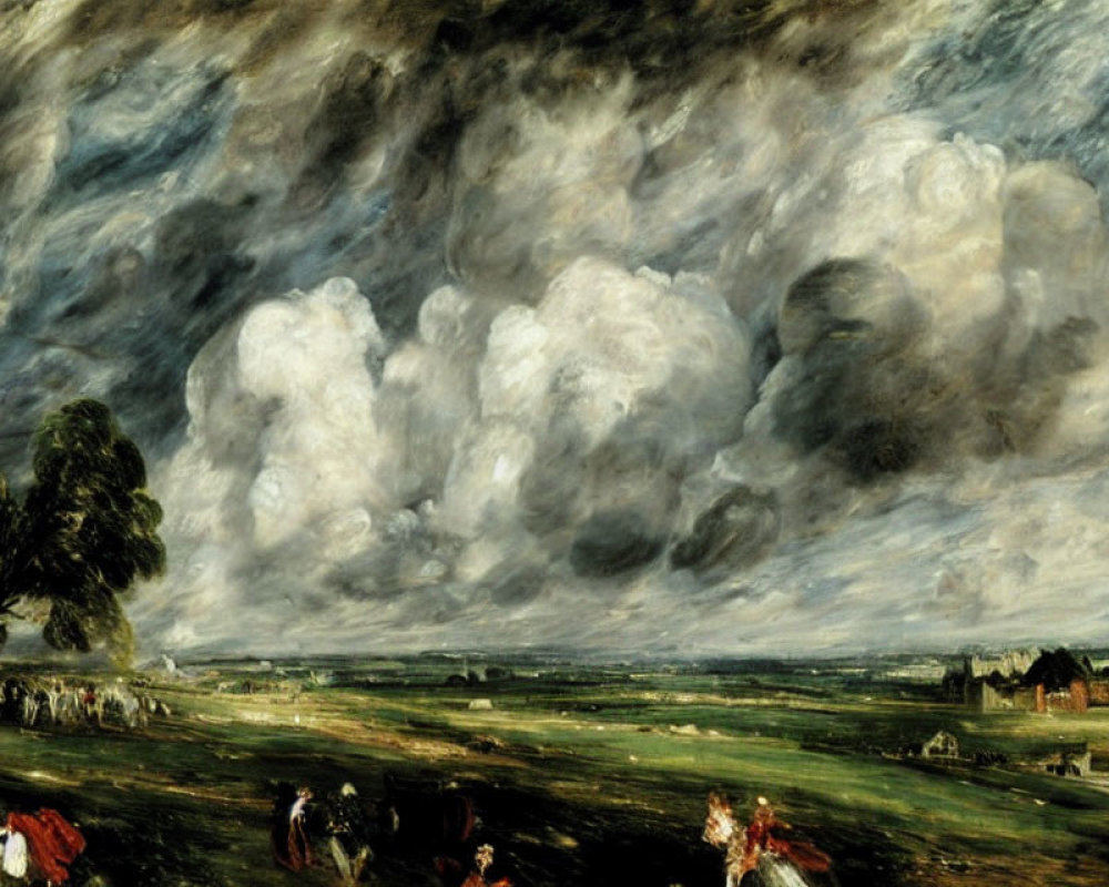Classic Landscape Painting with Dramatic Cloud-Filled Skies