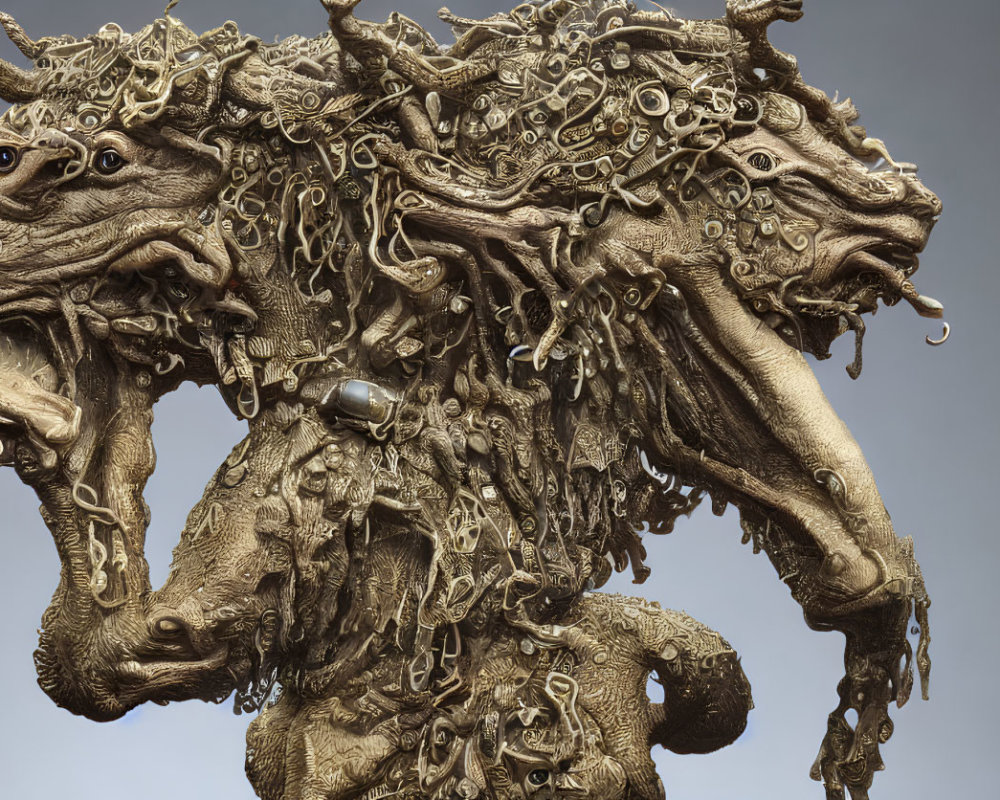 Surreal horse sculpture with twisted roots and metallic embellishments