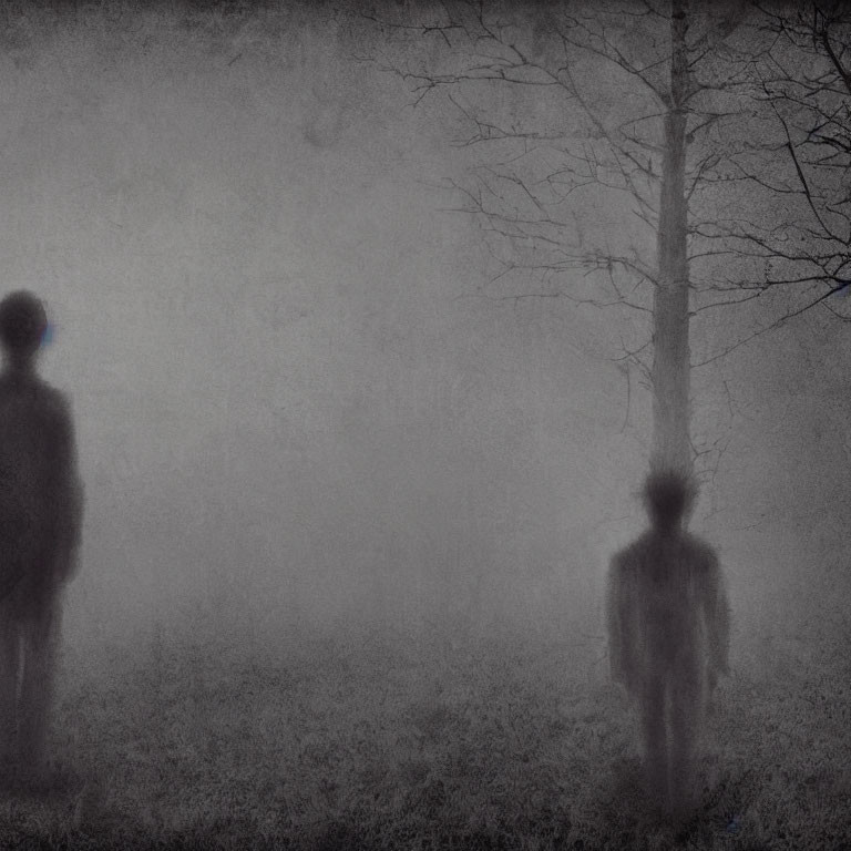 Blurred silhouettes in misty landscape with bare tree