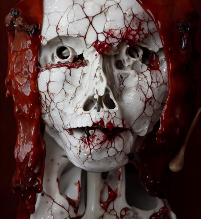 Skull covered in red viscous liquid for horror-themed image