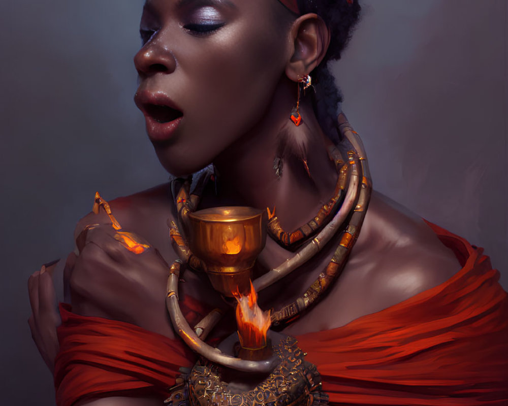 Woman with elaborate makeup and jewelry holding a flame chalice on muted background